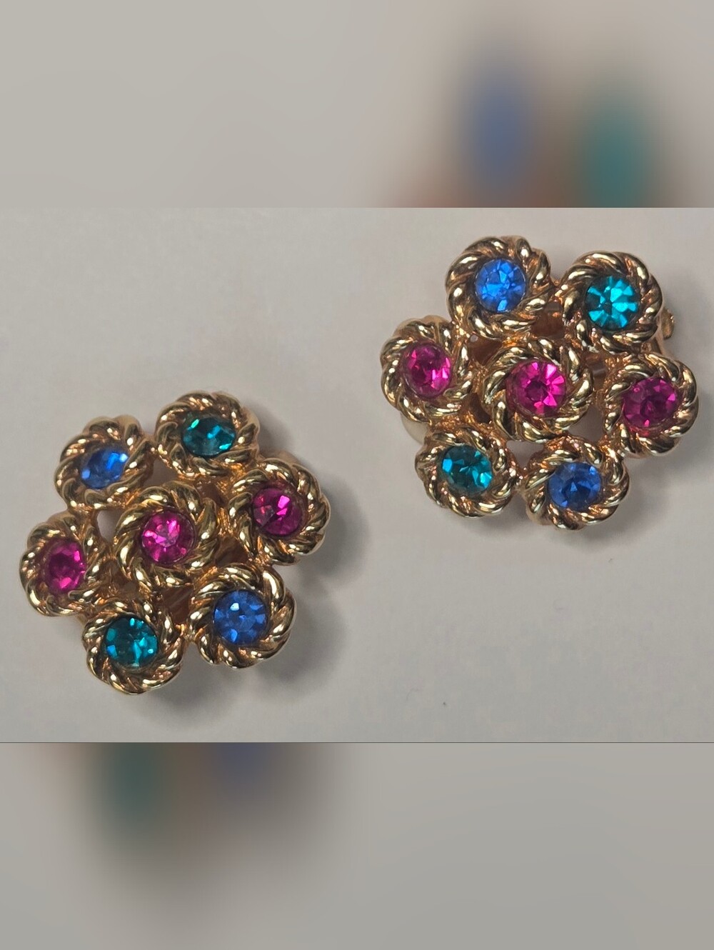 SWAROVSKI Clip On Earrings Swan Gold Tone Flower Colorful Crystals Vintage